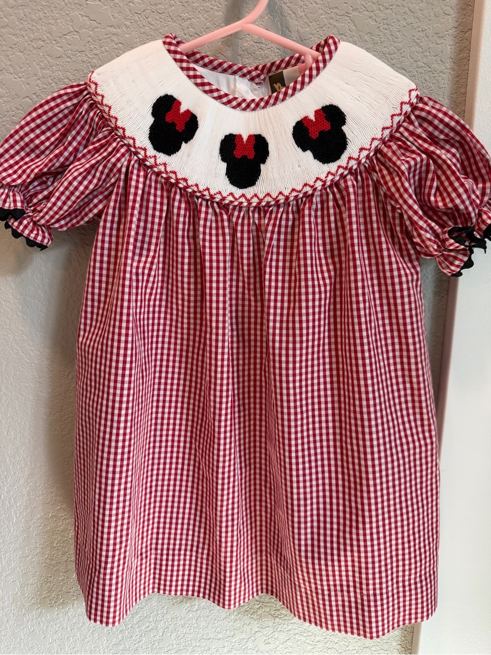 Red Gingham Smocked Girls' Dress with Minnie-Inspired Motifs